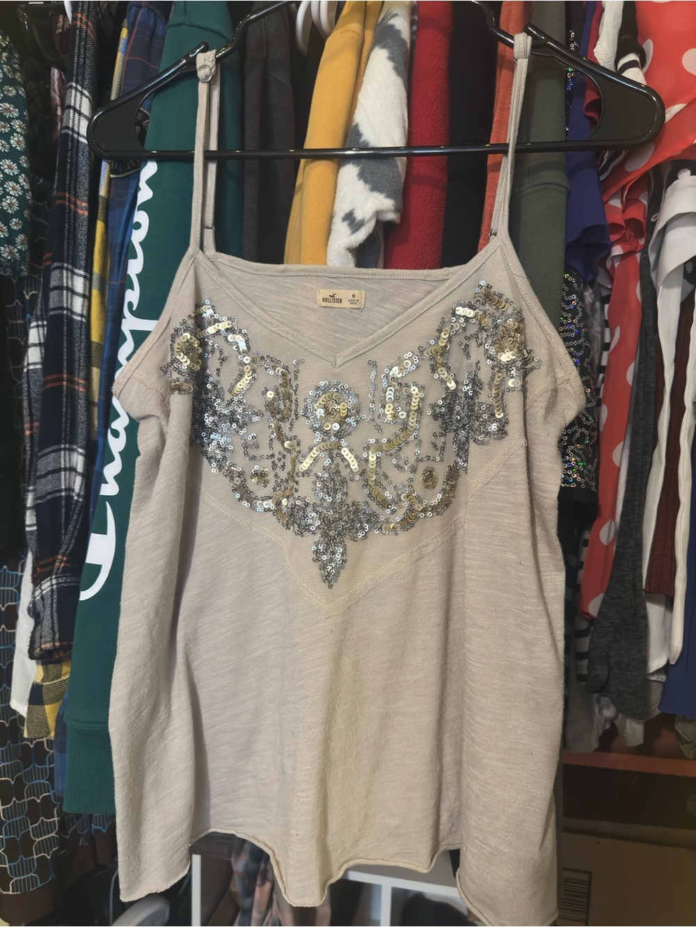 Hollister Beige Sequin-Embellished Cold-Shoulder Camisole